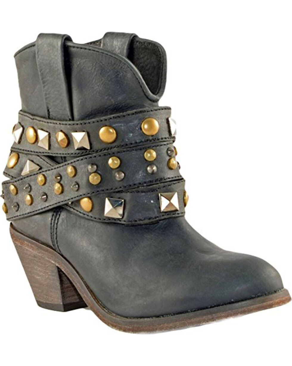 BIKETAFUWY Women Leather Buckle Bootie Hollow-Out Pearl Oxford Studded Strap Side Zipper Western Boot 